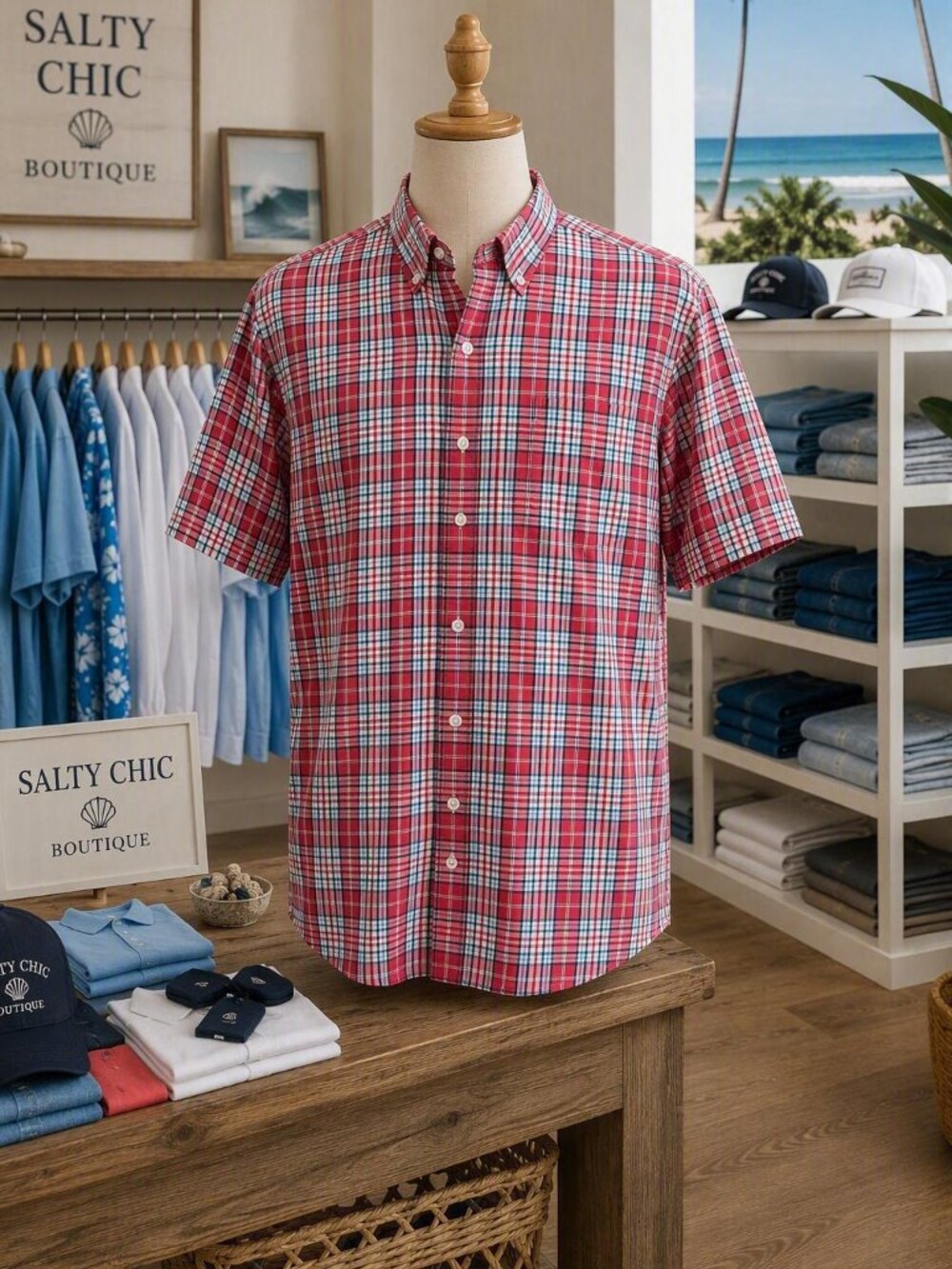 Izod Men's Coral Plaid Button-Down Shirt with White and Blue Accents